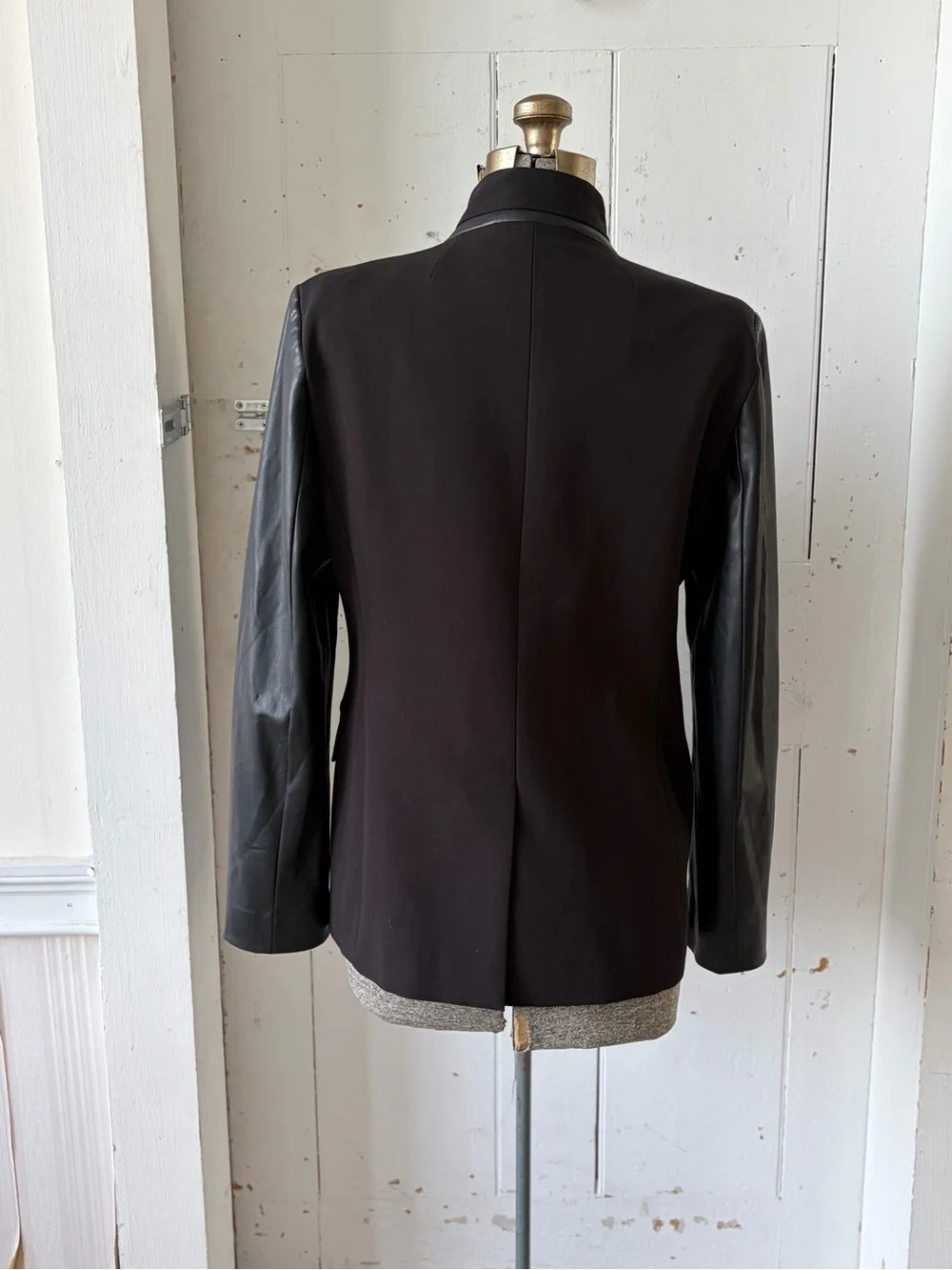 DKNY Black Mixed Media Blazer Jacket with Faux Leather Sleeves